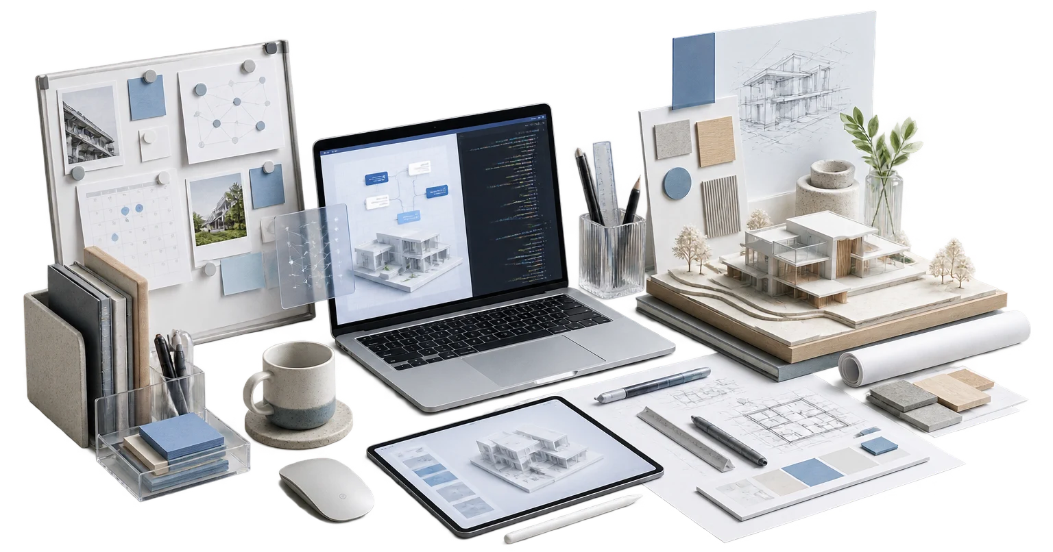 An architectural workspace bringing the project model, references, and Jimin canvas together