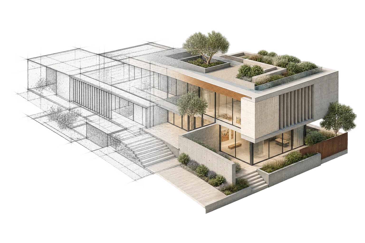 An architectural concept transforming from a precise design sketch into a realistic three-dimensional building