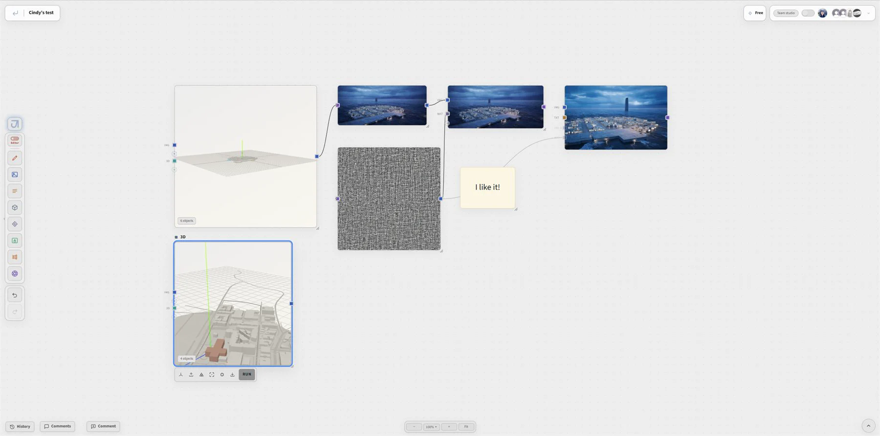 Jimin canvas with a 3D file, material reference, generated image, and animation output