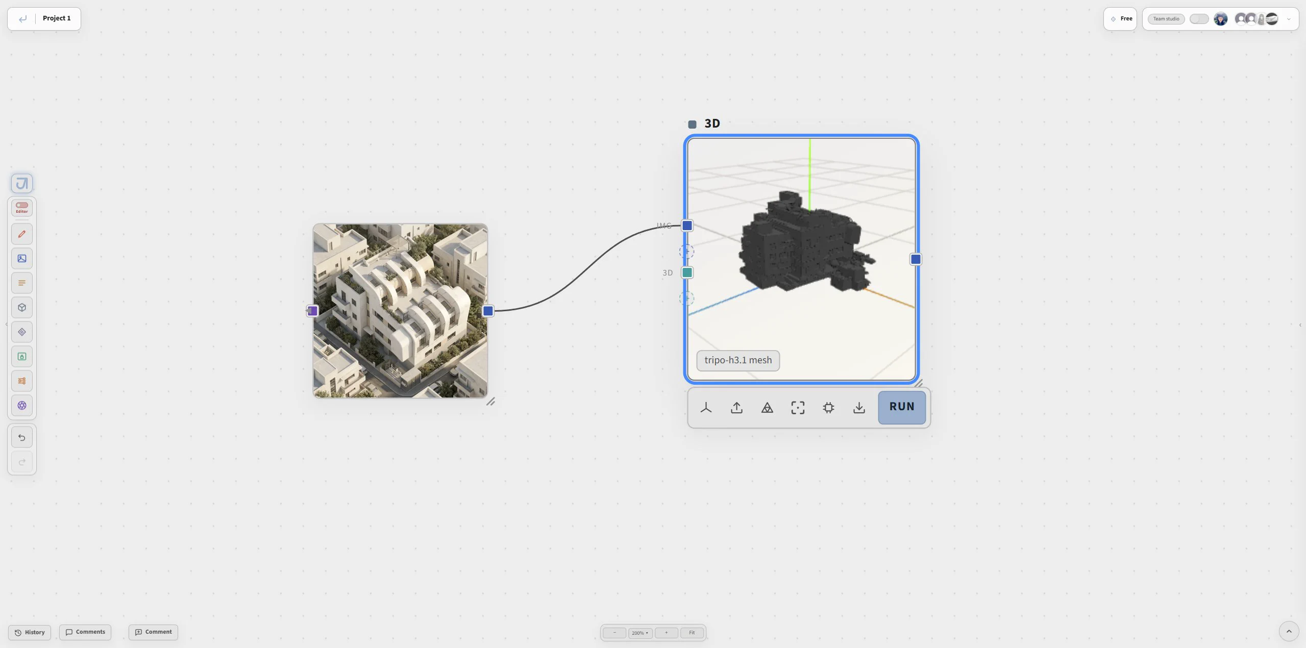 Jimin image-to-3D canvas with source imagery feeding a 3D model output
