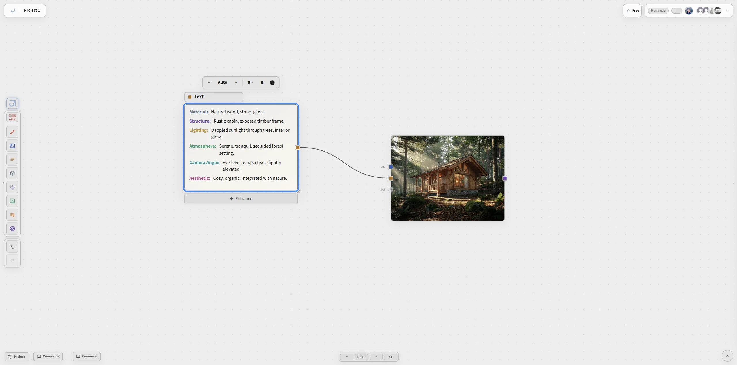 Jimin text-to-render canvas with a text prompt feeding a render output