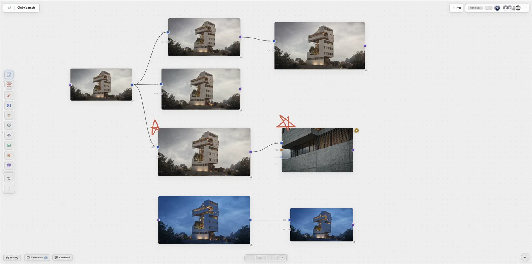 Jimin canvas showing connected image-to-image blocks and generated outputs