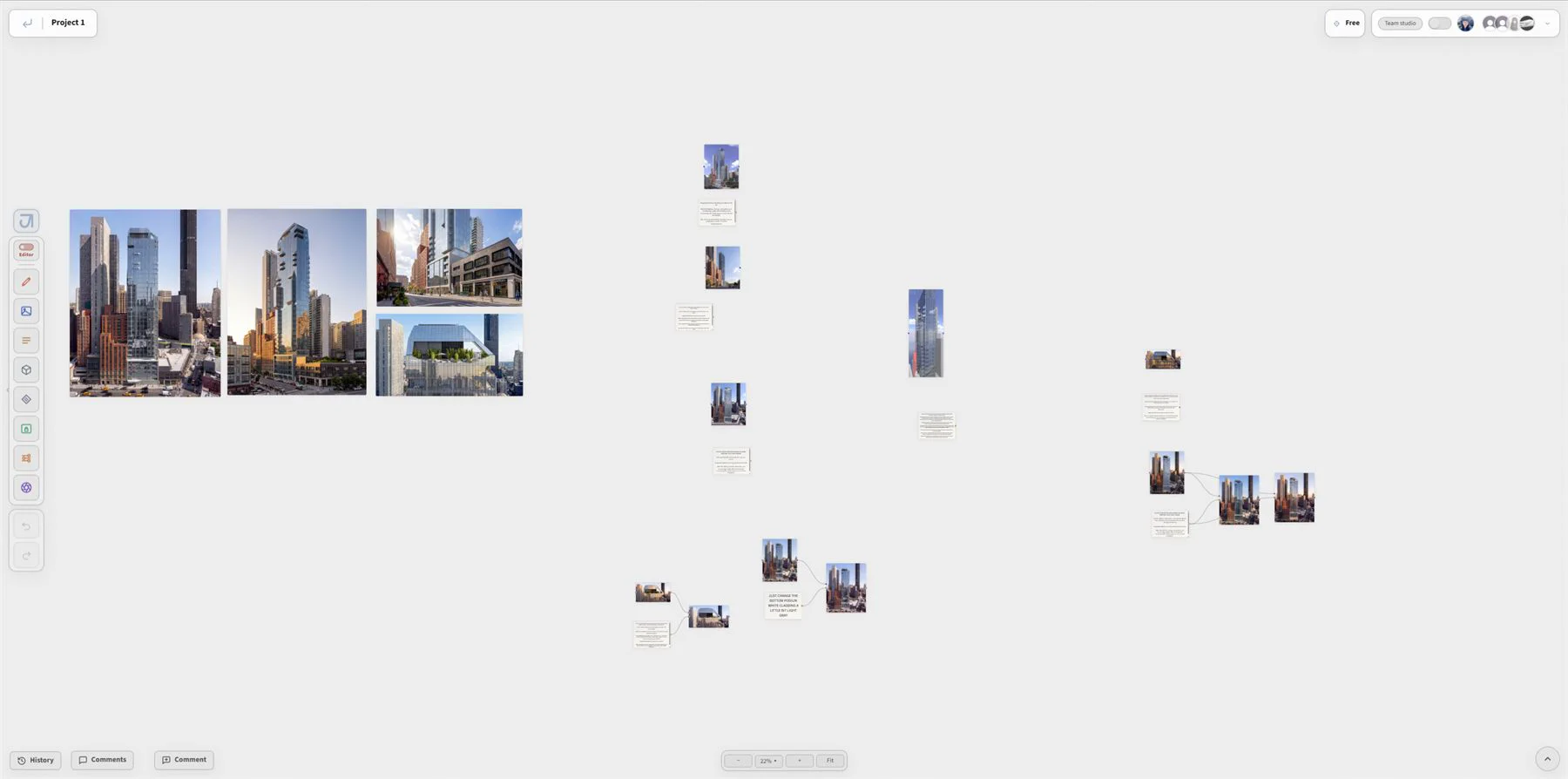 Jimin canvas overview showing references, prompts, renders, and connected outputs