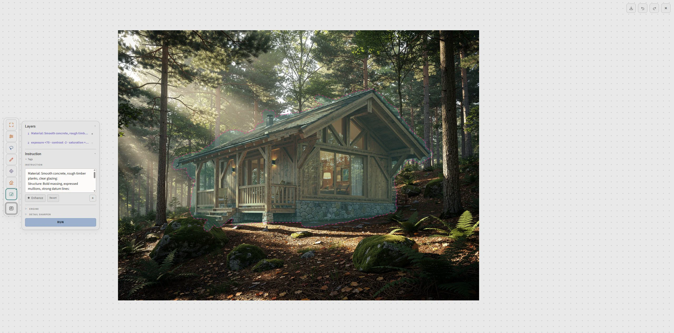 Modify editor stage with a selected cabin region and edit instructions