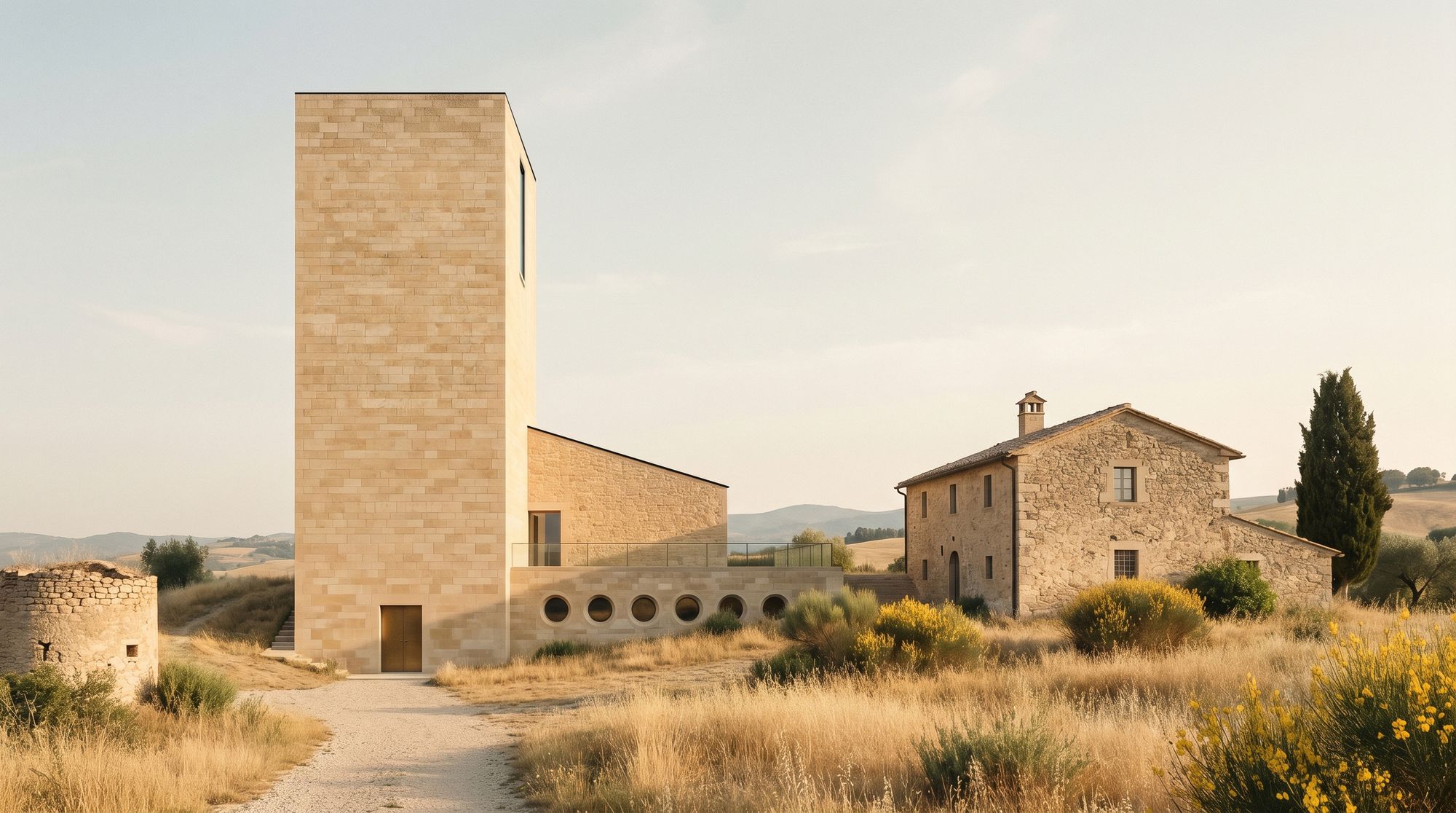 Stone tower and modern rural extension in warm afternoon light