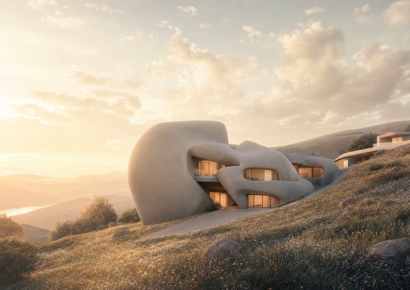 Landscape pavilion study set into a warm hillside edge