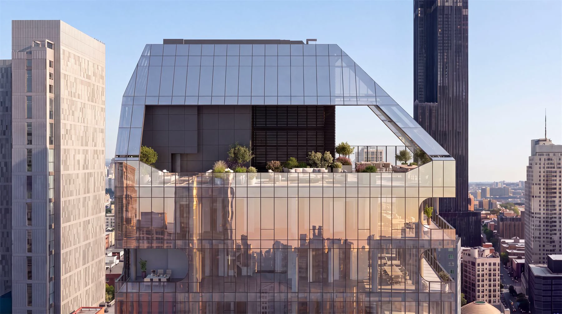 Glazed terrace and tower facade study in warm city light