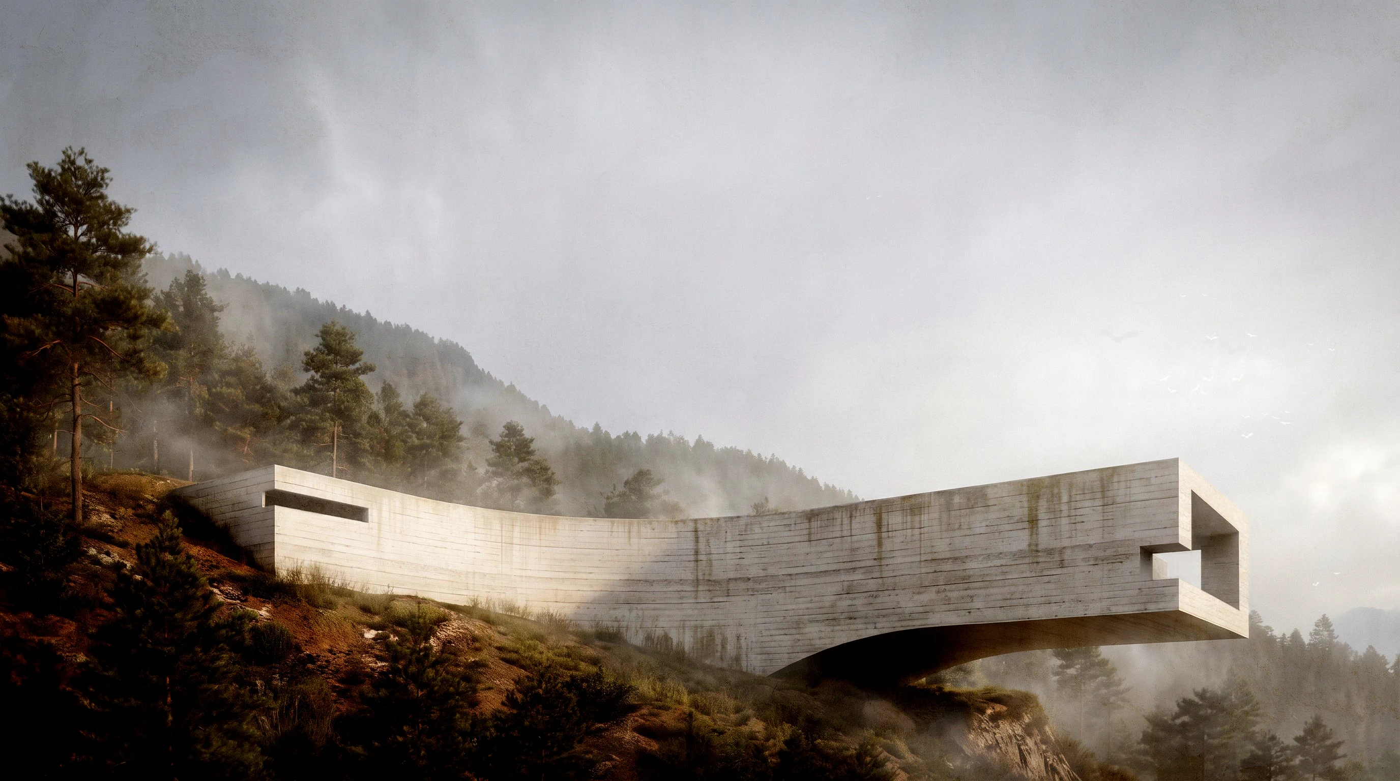 Long concrete bridge extending through a misty forest