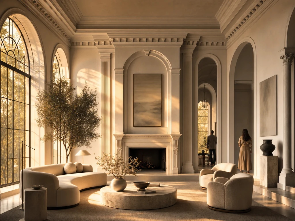 Warm classical interior with arched windows, curved seating, and people