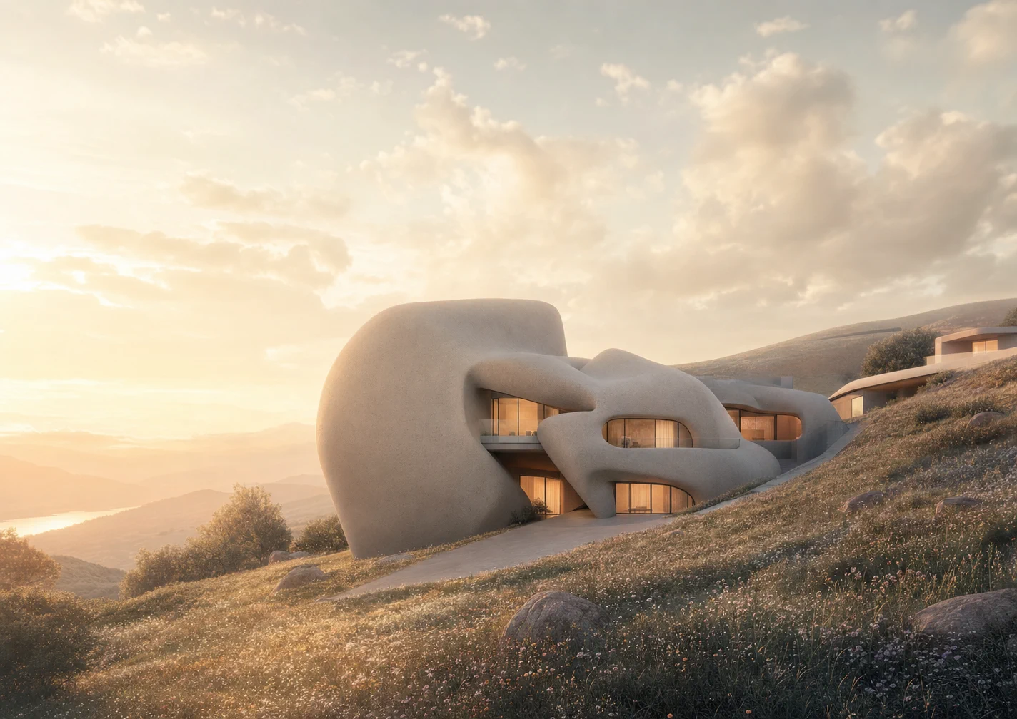 Organic curved residence set into a sunlit hillside